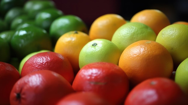 A close up of a pile of oranges and limes