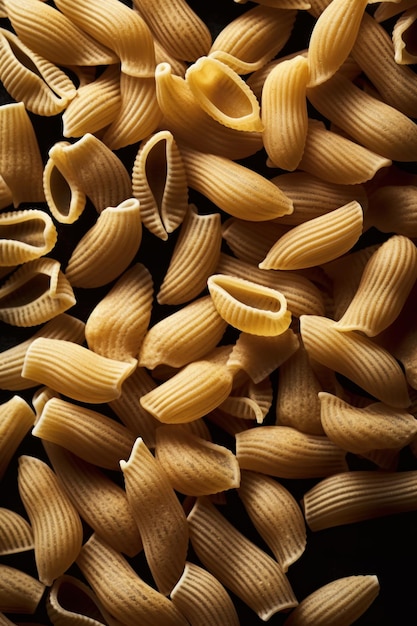 A close up of a pile of pasta with the word macaroni on the side.