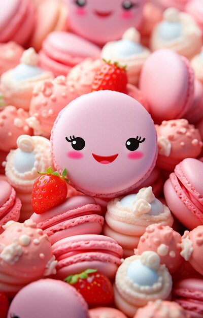 a close up of a pile of pink macarons with a smiley face generative ai