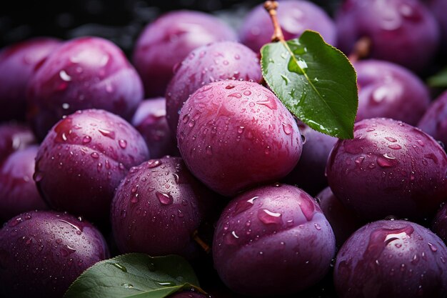 A close up of a pile of plums with water droplets generative ai