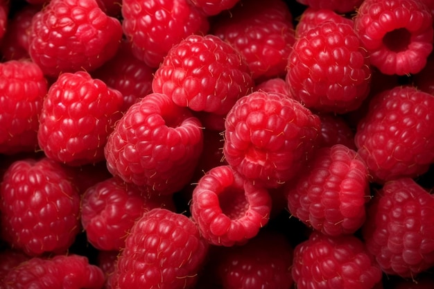 A close up of a pile of raspberries