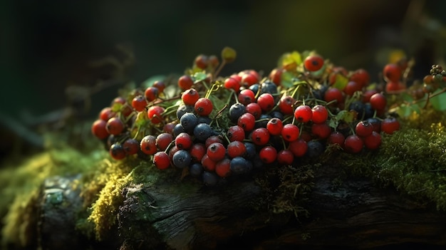 苔むした丸太の上に積まれた赤い果実の山の接写。
