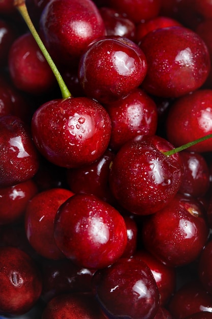 Close up of pile of ripe cherries fresh red cherries Ripe cherries background