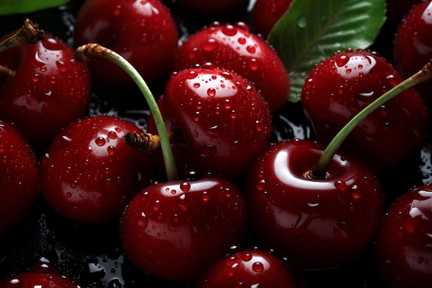 Close up of pile of ripe cherries with stalks and leaves Ripe cherries background AI generated