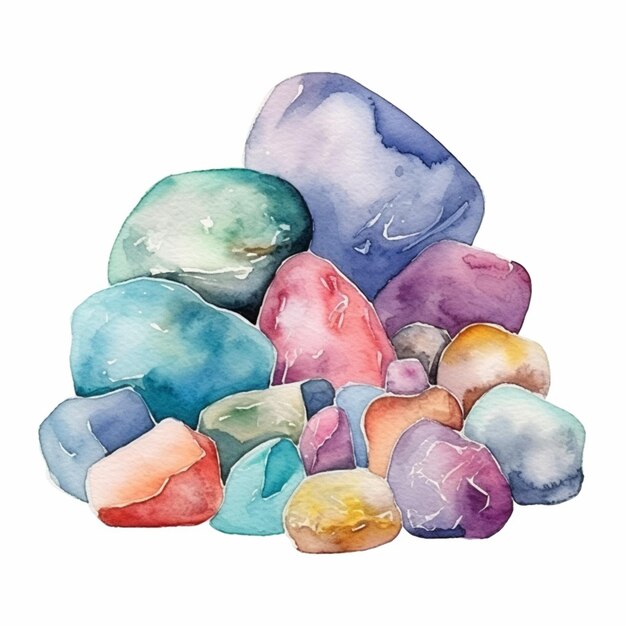 A close up of a pile of rocks with watercolor paint generative ai