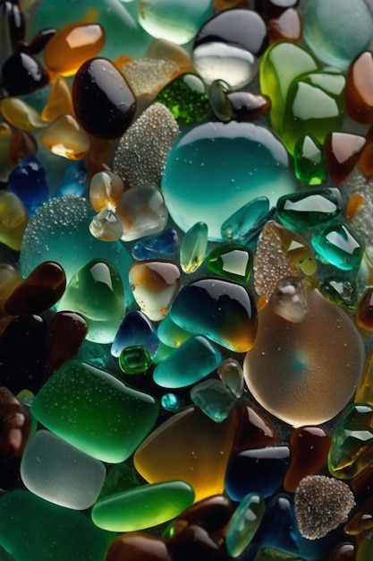 a close up of a pile of sea glass sitting on top of a table generative ai