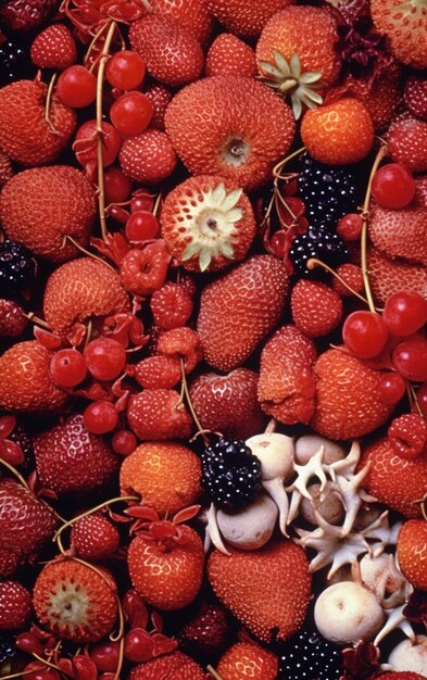 Foto un primo piano di un mucchio di fragole e altri frutti ai