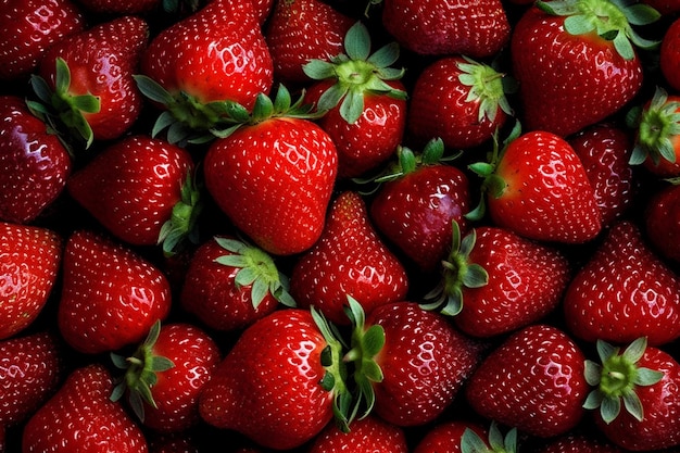 A close up of a pile of strawberries with the green tops.