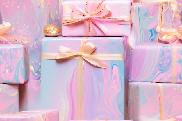 a close up of a pile of wrapped presents with bows generative ai