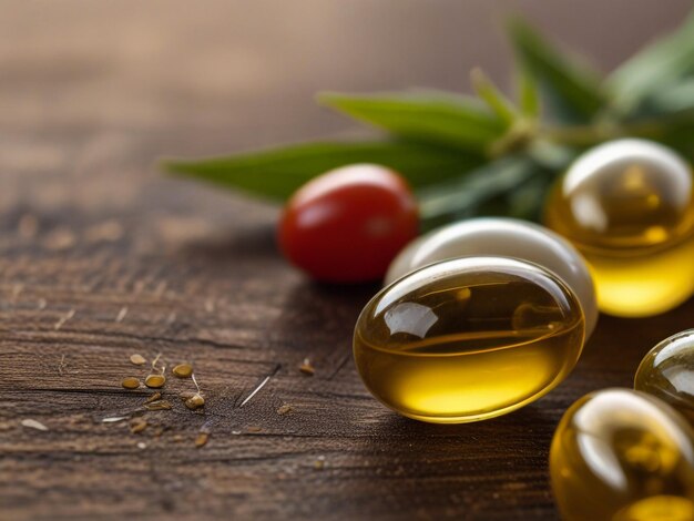 a close up of pills and a bottle of olive oil