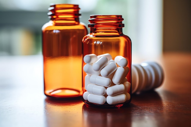 a close up of pills in bottles