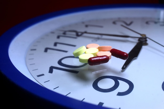 Close-up of pills and capsules on clock