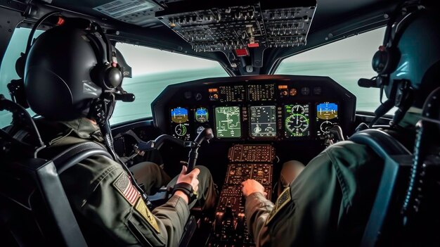 Close Up of Pilot and CoPilot with Joystick in Cockpit generated by AI