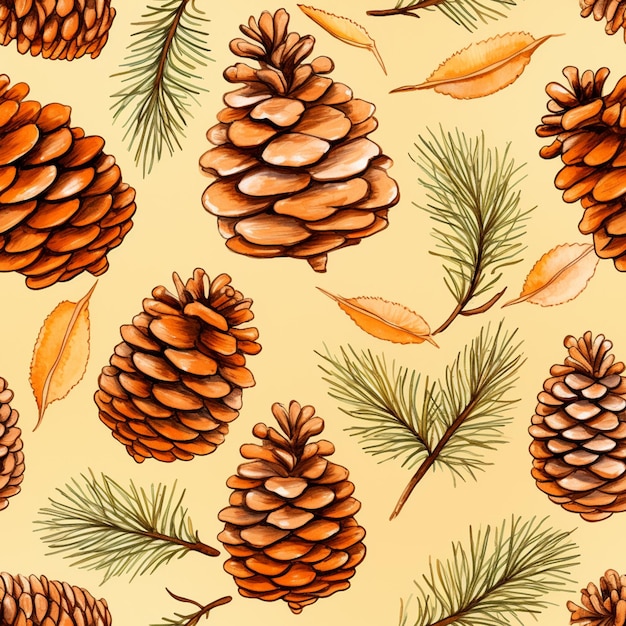 A close up of a pine cone and branch with leaves generative ai