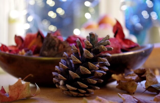 Close-up of pine cone on table