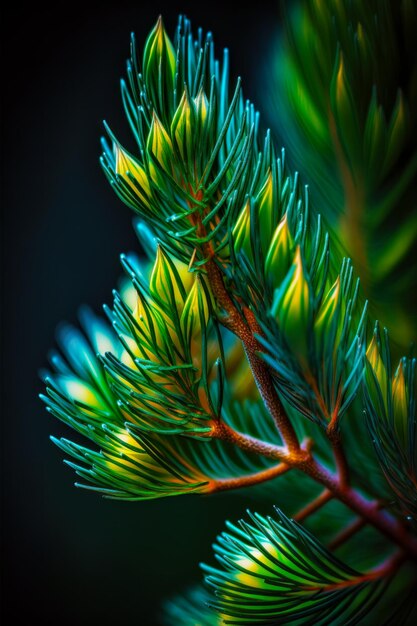 Close up of pine tree branch with green and yellow leaves on it Generative AI