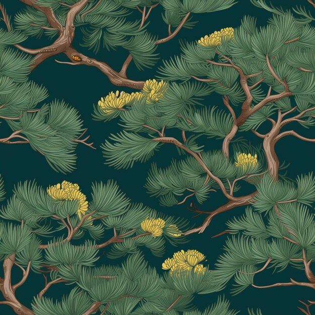 Photo a close up of a pine tree with yellow flowers on a blue background generative ai
