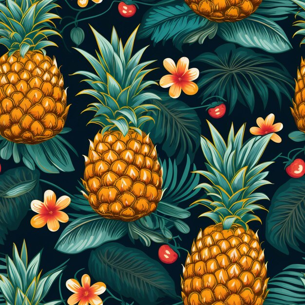 A close up of a pineapple and flowers on a dark background generative ai