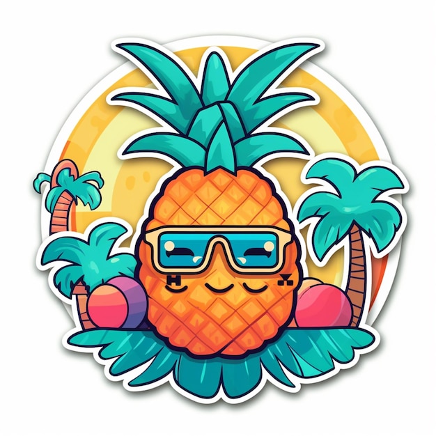 a close up of a pineapple with sunglasses and palm trees generative ai