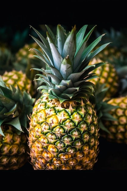 A close up of a pineapple with the top of the head