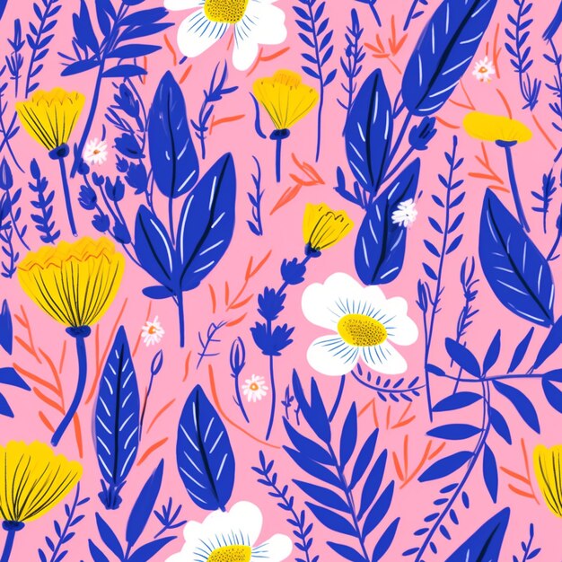 Foto un primo piano di uno sfondo rosa con fiori blu e gialli generativo ai