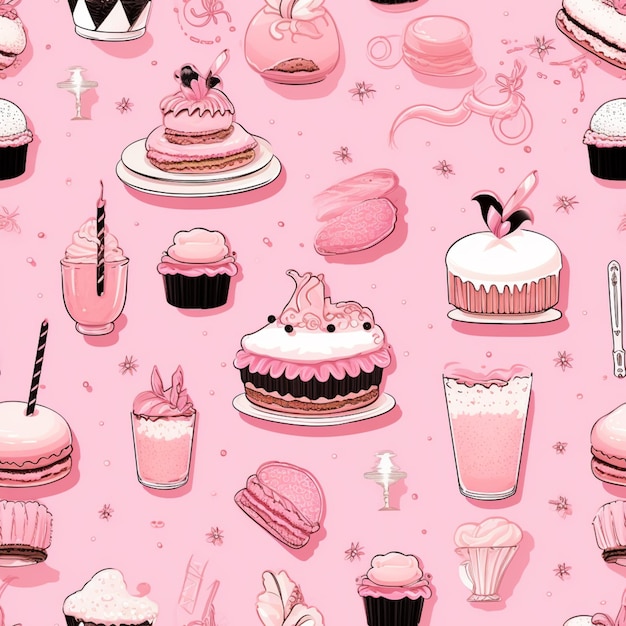 Крупный план розового фона с множеством разных тортов, генерирующий ai