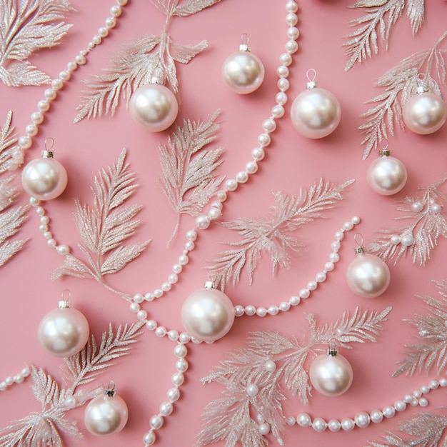 a close up of a pink background with pearls and pine branches generative ai