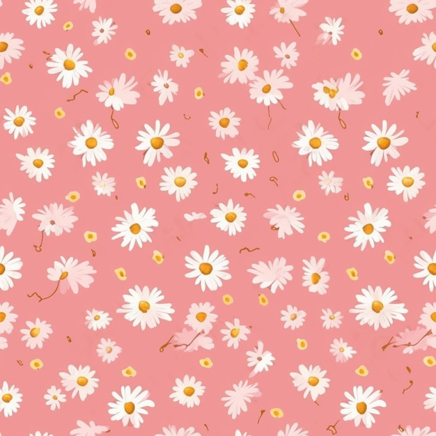 a close up of a pink background with white daisies and yellow leaves generative ai