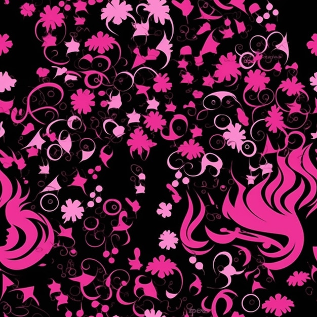 A close up of a pink and black floral pattern on a black background generative ai