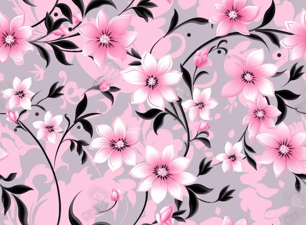 a close up of a pink and black floral pattern on a gray background generative ai