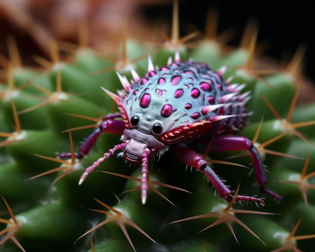 a close up of a pink and blue bug on a cactus