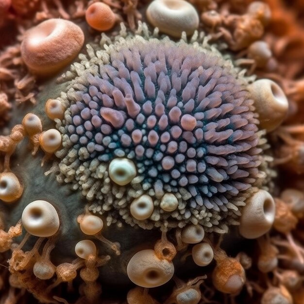 A close up of a pink and blue coral with a large number of small corals.