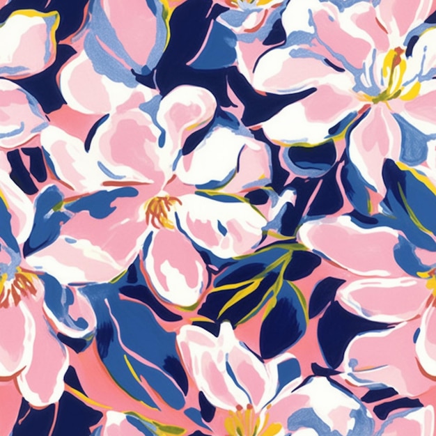 a close up of a pink and blue floral print fabric generative ai