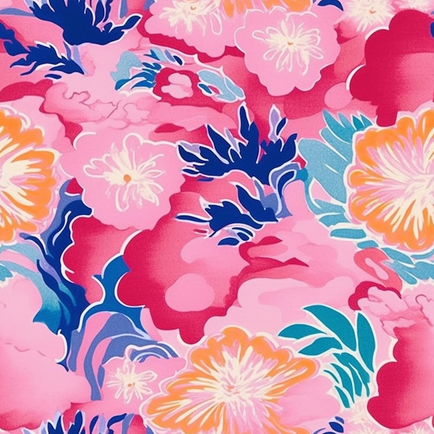 a close up of a pink and blue floral print fabric generative ai