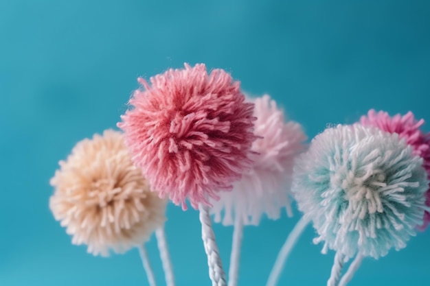 A close up of pink and blue flowers with a white rope in the middle.