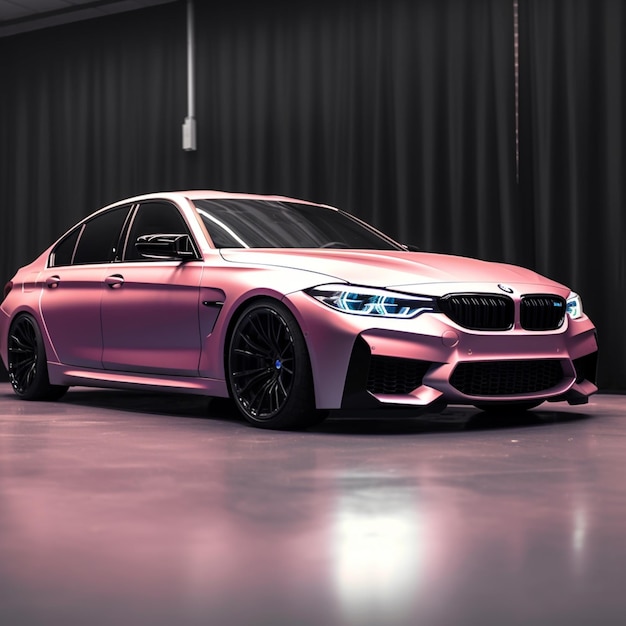 Foto un primo piano di una macchina bmw rosa in una stanza generativa ai