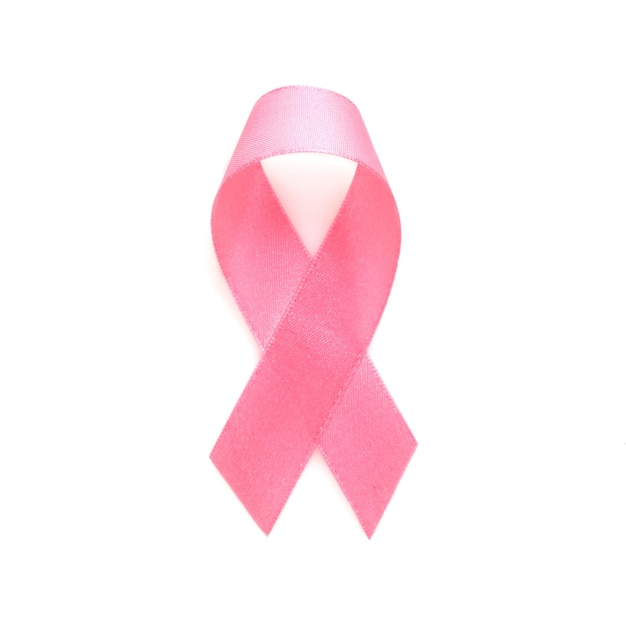 Close-up of pink breast cancer awareness ribbon against white background