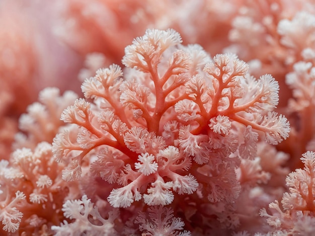 a close up of a pink coral with ice on it