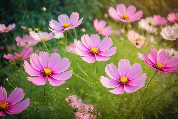 Close up of pink cosmos flowers in the garden color filter effect natural background