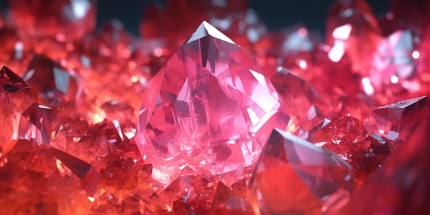 A close up of a pink crystal cluster on a red background generative ai