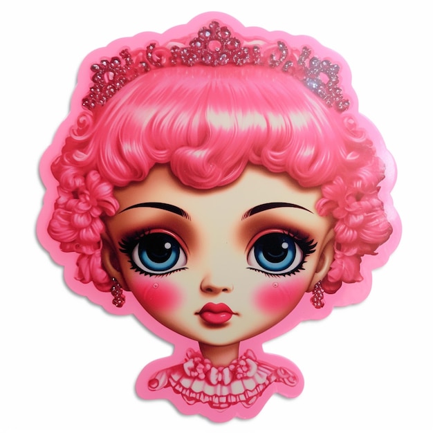 A close up of a pink doll with a tiable on her head generative ai