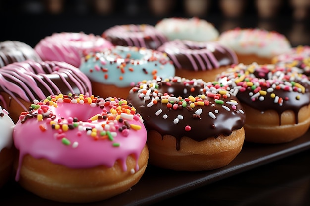 close up of pink donuts in bakery shop