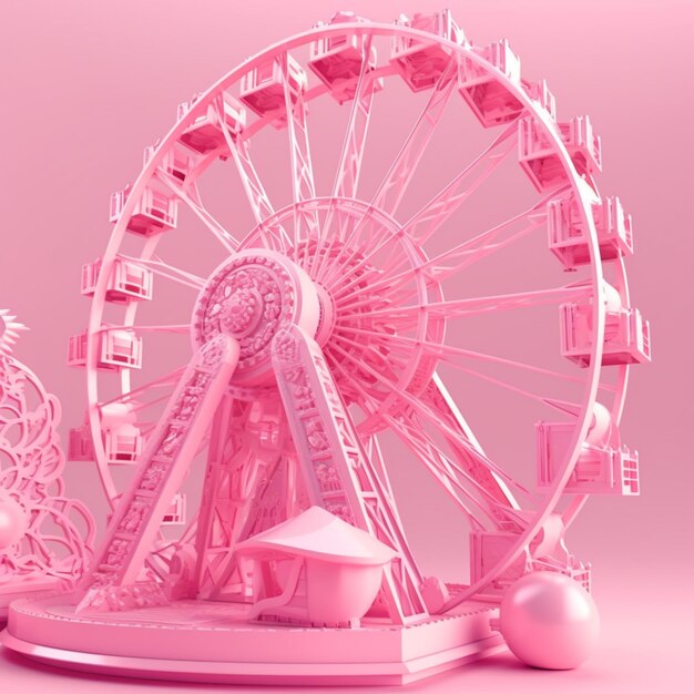 A close up of a pink ferris wheel with a christmas tree generative ai