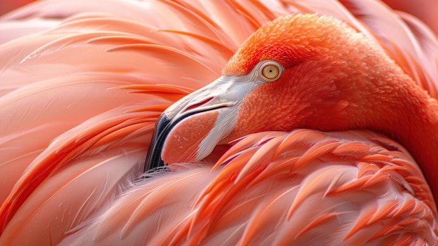 Близкий взгляд на розового фламинго с желтым глазом