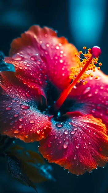 꽃잎에 물방울이 있는 분홍색 꽃 클로즈업 Generative AI