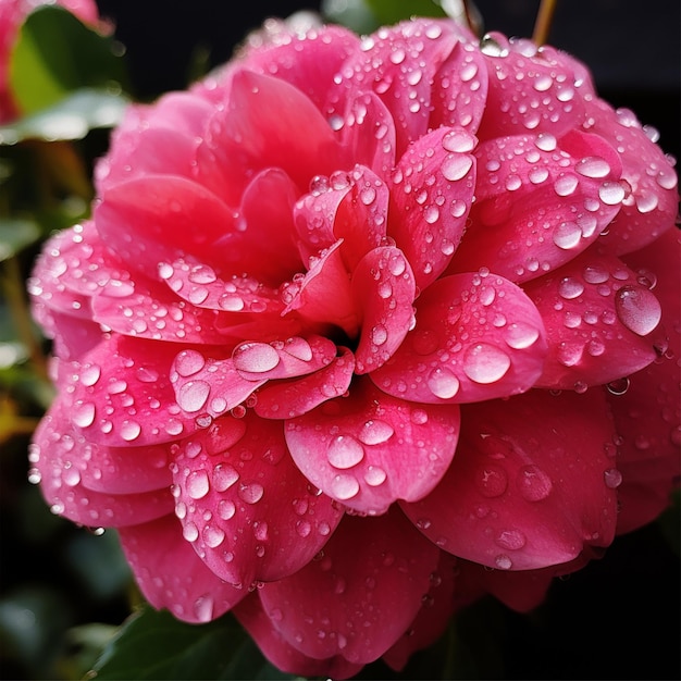 A close up of a pink flower with water droplets on it