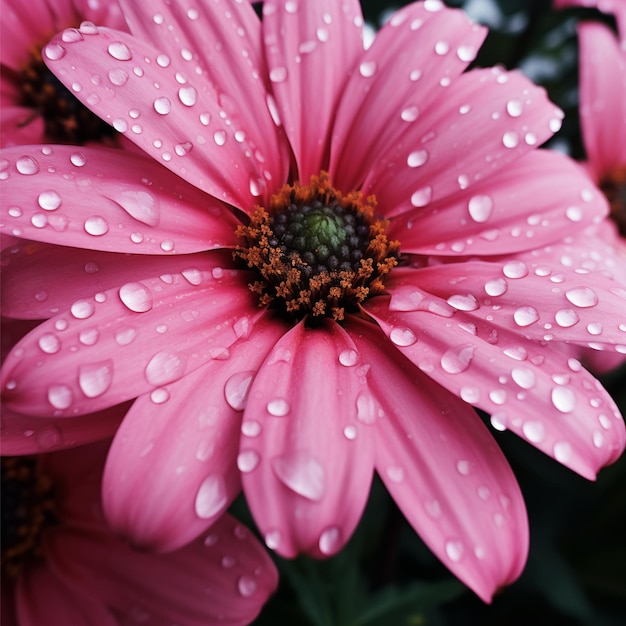 A close up of a pink flower with water droplets on it