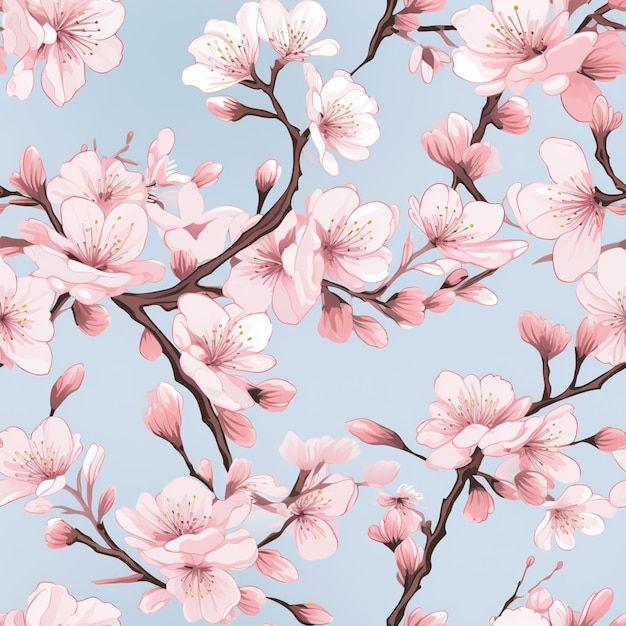 a close up of a pink flowered branch on a blue background generative ai