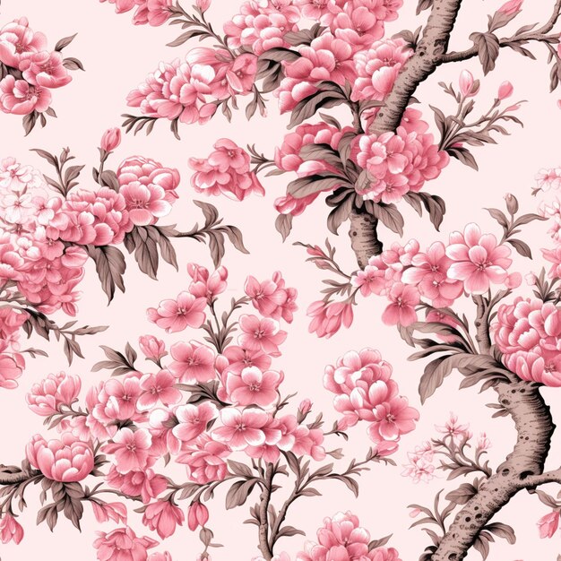 A close up of a pink flowered wallpaper with a tree generative ai