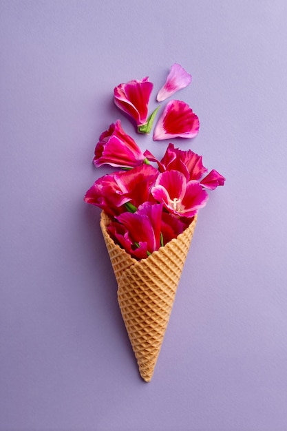 紫の背景のアイスクリームコーンにピンクの花をクローズアップ